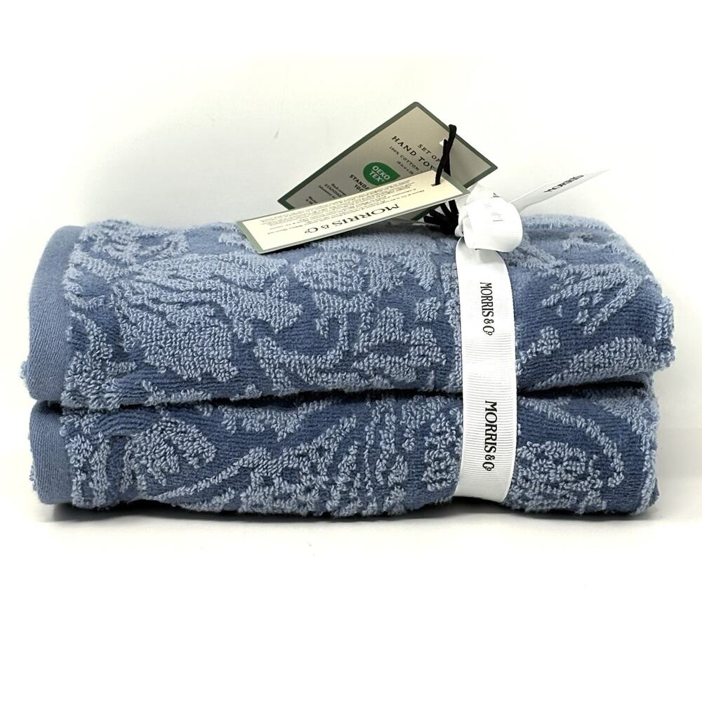 William Morris Co Hand Towels Strawberry Thief Blue Velour NWT Set Of 2 - Picture 10 of 12